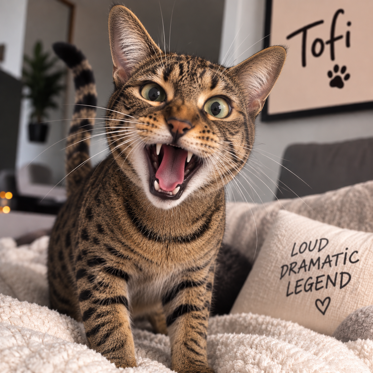 Tofi, a Savannah cat, meowing loudly
